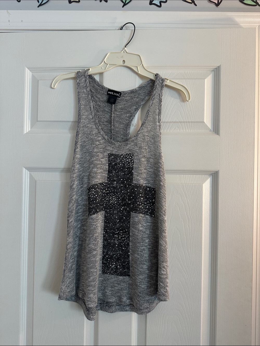 Wet Seal Gray Racerback Tank with Black Studded Cross Accent